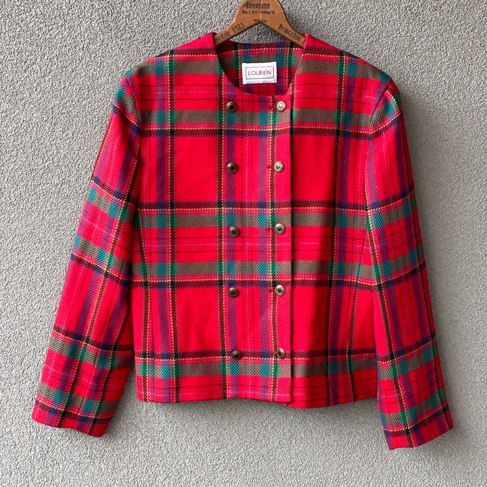 Virgin Red Wool Jacket, Vintage Louben Size 8 Blazer, Green, Yellow, Blue,Purple